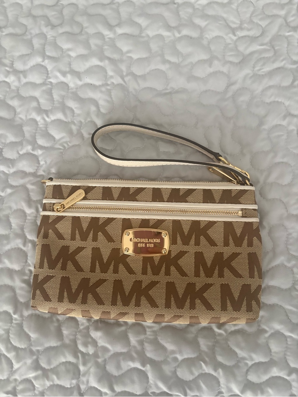 Michael Kors Tan/Brown Signature MK Wristlet with Cream Trim
